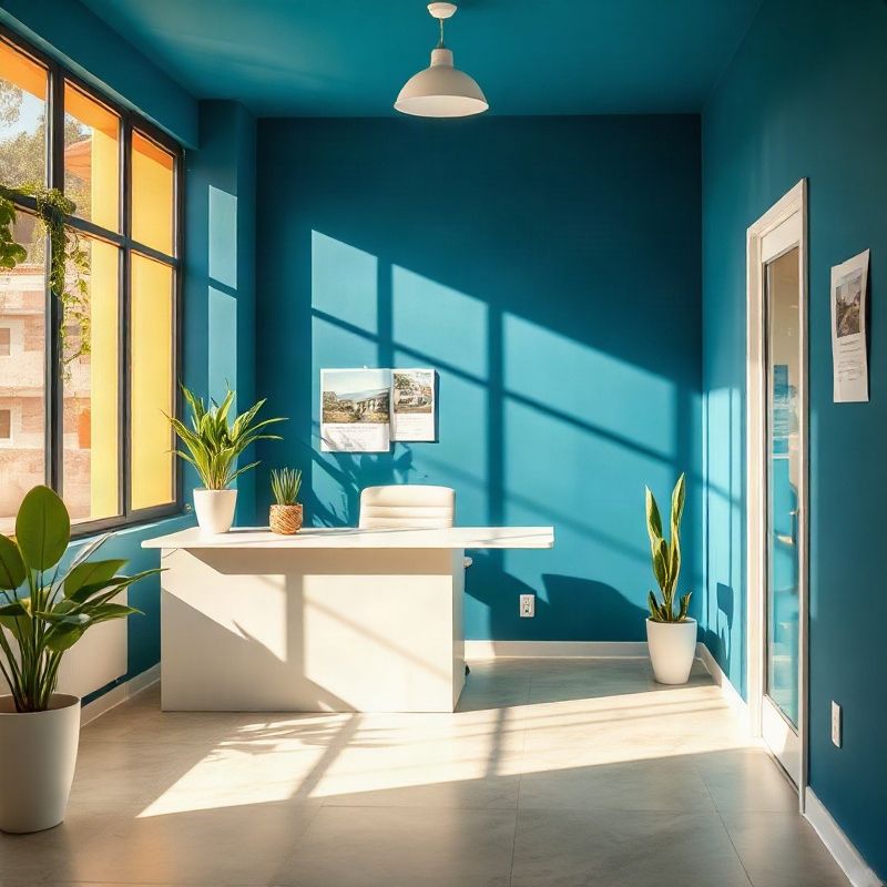 A calm, well-lit boutique real estate office interior in Curitiba