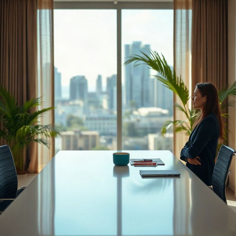 Two professionals in quiet conversation across a minimalist desk