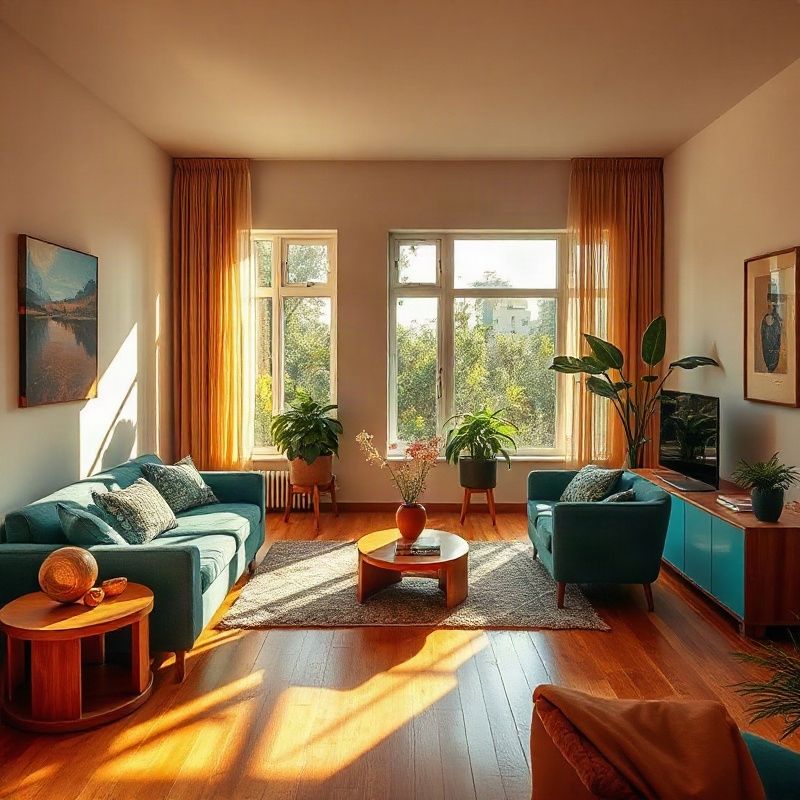 Sunlit Curitiba apartment living room with azure-trust accents